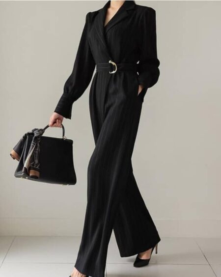 On voit une jeune femme brune très élégante et élancée qui porte une combinaison tailleur smoking noire avec de légères rayures blanches. Le vêtement est joliment ceinturé. La femme porte aussi un petit sac à main noir.