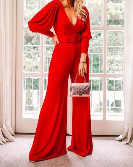 Combinaison pour femme rouge sexy manches longues bouffantes et ceinture à la taille.