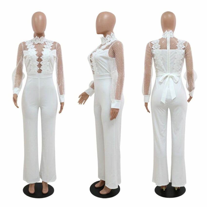Combinaison pantalon blanche élégante avec dentelle et maille transparente 2629 gb4bhe