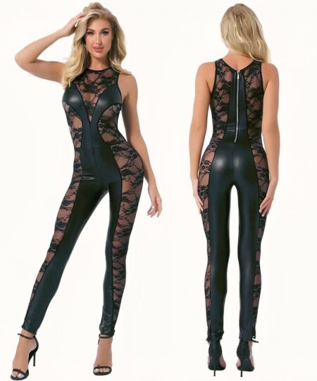 Combinaison en dentelle et cuir synthétique noir pour femme zip au dos.