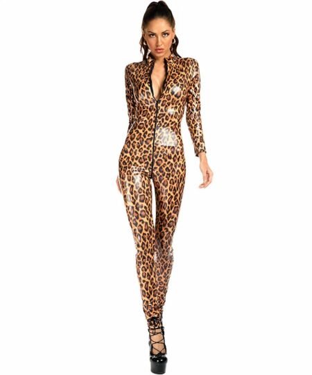 Combinaison intégrale imprimé léopard brillant à zip pour femme.