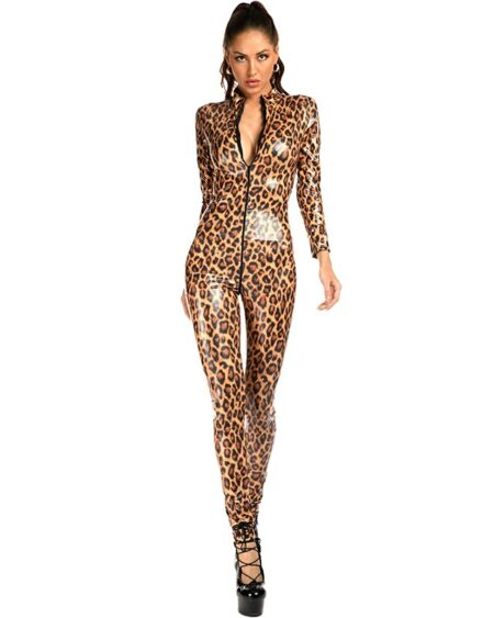 Combinaison intégrale imprimé léopard brillant à zip pour femme.