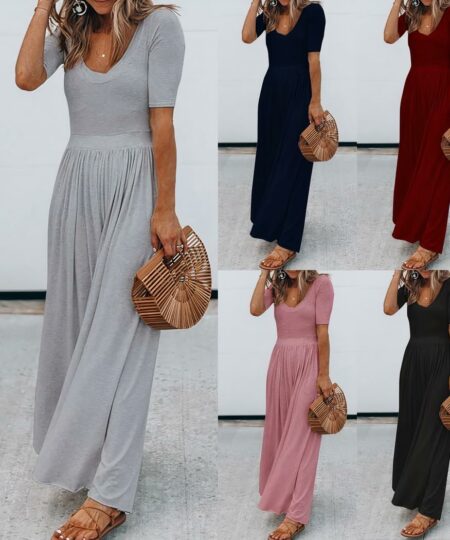 La photo est divisée en plusieurs images : on voit la même femme qui porte des combinaisons de maternité de couleur différente. Le vêtement est élégant, long et près du corps avec un pantalon fluide et large. La taille est resserrée.