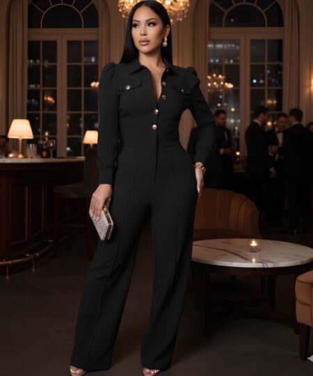 Combinaison pantalon ample à manches longues pour femme de couleur noire, portée par une femme métisse avec en arrière plan, un décor chic style restaurant.