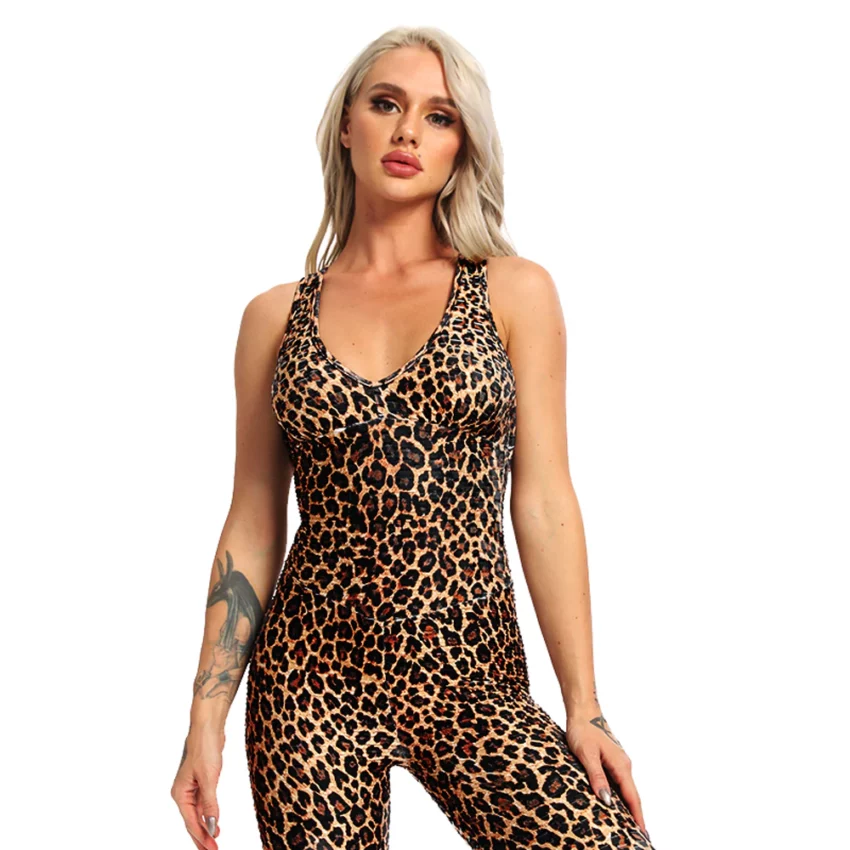 Combinaison de yoga moulante imprimée léopard pour femme combinaison de yoga moulante imprimee leopard pour femme