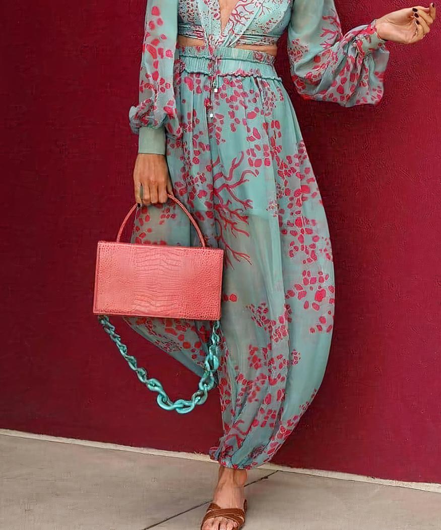 Combinaison sarouel transparente imprimé floral à manches longues