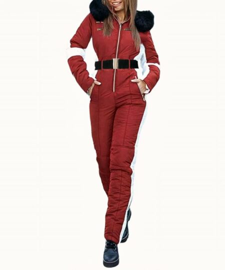 Combinaison De ski Femme style décontracté avec fermeture Éclair portée par une femme sur fond blanc